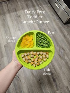 a person holding a green plate with food in it and the words, dairy free toddler lunch / dinner