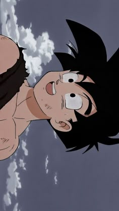 an animated image of a man with black hair and no shirt on, looking up at the sky