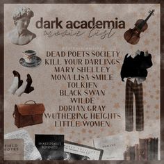 an advertisement for the dark academy shows women's clothing, books and other items