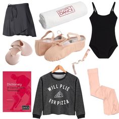 ballet clothes and accessories are arranged on a white background