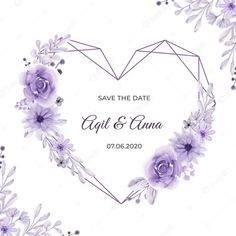 save the date card with purple flowers and leaves in heart shape, on white background