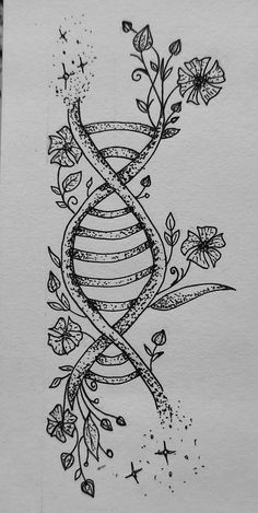 a black and white drawing of a plant with flowers on it's side, next to a spiral design