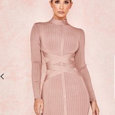 Nwt Tan Cross Strap Ribbed Bandage Dres Long Sleeve Bandage Dress, Fashion Dresses For Women, Party Dress Classy, Bandage Midi Dress, Long Bodycon Dress, Party Kleidung, Ribbed Dress, Dress Classy, High Neck Long Sleeve