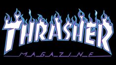 the thrash magazine logo with blue flames on it's black background and purple lettering