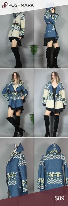 Southwestern Hooded Cloak Coat REVERSIBLE completely reversible and super cute no tags - feels like wool or wool blend. not sure of maker - I believe circa 90s pockets. no closures Like a lil sister to the incredible (but $$) Lindsey Thornburg Pendleton cloaks (at a major fraction of the price of those beauties) est fit xs/s  as it has no closures the fit is a bit flexible but because of the pocket placement - I do think best for xs/s Meas armpit - approx 18" laid flat closed  28" long. belt not included see COMMENTS for condition notes Vintage Jackets & Coats Lindsey Thornburg, Pocket Placement, Lil Sister, Hooded Cloak, Vintage Jackets, Vintage Jacket, Wool Blend