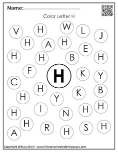 the letter h worksheet is shown in black and white, with circles on it