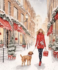 a woman is walking her dog through the snow with christmas decorations on it's buildings