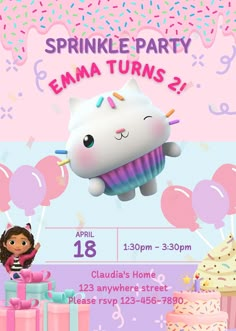 a birthday party flyer with an image of a cat and cupcakes on it