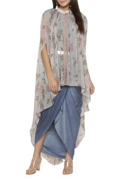 Shop for Soup by Sougat Paul Blue Flat Chiffon Draped Dress With Cape for Women Online at Aza Fashions Long Cape Dress Indian, Dhoti Pattern, Cape Dress Indian, Dhoti Kurti, Chiffon Drape Dress, Indowestern Dress, Simple Kurtis, Trending Clothes, Party Wears