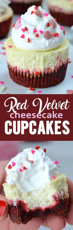 red velvet cheesecake cupcakes with white frosting and sprinkles