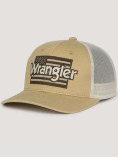 6 panel Cap with Cargo Pockets. Mid Crown Profile with Slightly Pre-curved Visor. Mesh Back Panels and Adjustable Snap Closure. Wrangler Adult Unisex Old Gold/Beige Cotton/Polyester Trucker Hat in Brown | LWSP24PDQ3 6 Panel Cap, Snap Closure, Trucker Hat, Work Wear, Crown, Mesh, Hats, Gold