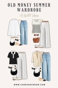 Upgrade your summer look with our Old Money Summer Capsule Wardrobe! We've put together 15 elegant outfit ideas that will awaken your old money style with a mix of 25+ chic summer essentials. Feel confident owning your aesthetic this summer with the relaxed yet refined old money summer style. These outfit ideas are truly an inspiration for crafting your timeless capsule wardrobe. Plus: old money look, old money summer outfits, quiet luxury. Plus Summer Work Outfits, Old Money Outfit Women For Summer, Old Money Capsule Wardrobe, Old Money Wardrobe, Capsule Wardrobe Outfit Ideas, Old Money Summer Outfits, Dress Old Money, Old Money Summer, Capsule Wardrobe Casual