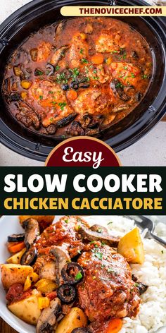 the easy slow cooker chicken cacciator recipe is ready to be eaten and served