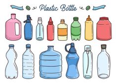 various types of plastic bottles with the words plastic bottle written below them in blue, green, pink and orange colors