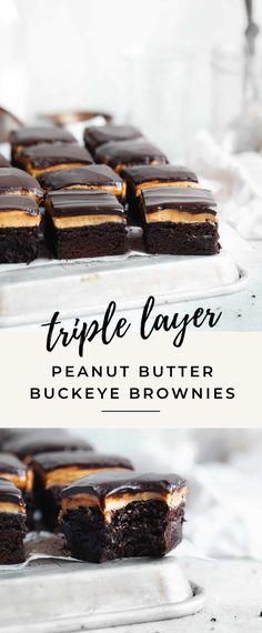 peanut butter buckeye brownies on a plate with the words peanut butter above them