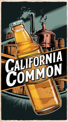 a beer bottle with the words california common on it and an image of a factory in the background