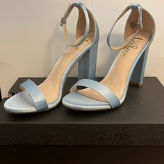 Never Been Worn! Taylor Baby Blue Satin Ankle Strap Heels Size 6.5 Currently Unavailable On The Website In This Size And Color. Light Blue High Heels, Blue Heels Wedding, Baby Blue Heels, Blue Satin Heels, Red Sandals Heels, Feather Heels, Rose Gold Heels, Blue High Heels, Quince Ideas