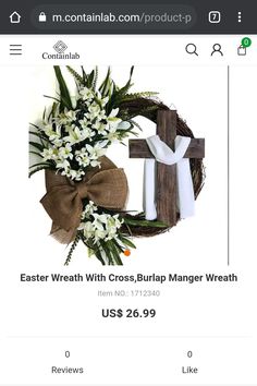 an easter wreath with cross, burlap manger wreath and white flowers