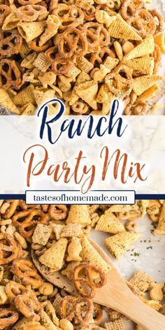 ranch party mix in a bowl with a wooden spoon and text overlay that reads ranch party mix