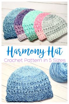 the crochet hat pattern is shown in five different colors