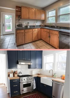 before and after pictures of a kitchen remodel with blue cabinets, white countertops, and wood floors