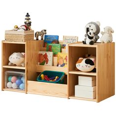 a wooden book shelf filled with books and stuffed animals