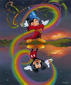 mickey mouse and other cartoon characters are reflected in a rainbow - colored painting on canvas