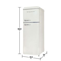 a white refrigerator freezer sitting next to a wall