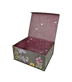 an open suitcase with flowers painted on the inside and outside it's lid is shown