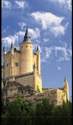 an old castle on top of a hill surrounded by trees and blue sky with clouds