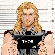 a drawing of thor holding a sign in his hands