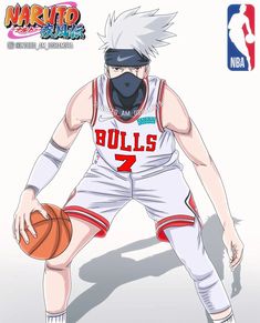 an anime character holding a basketball in his right hand and wearing a mask on top of his head