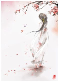 a woman in a white dress is standing under a tree with red flowers on it