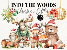 christmas watercolor clipart with animals and presents in the woods, including deers