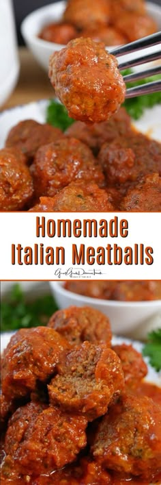 homemade italian meatballs on a white plate with a fork in it and the title above reads, homemade italian meatballs