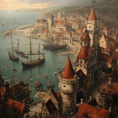 Port City Pirate City Fantasy Art, Port Town Fantasy Art, Dnd Port City, Port City Fantasy Art, Fantasy Port City, Fantasy Port Town, Medieval Port City, Fantasy Docks, Medieval Harbor