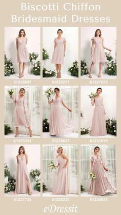 the bridesmaid dresses are all in different styles and colors, including pinks