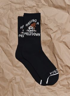 "We've all been there and sometimes a meltdown is a daily occurrence but at least these crew socks are fun and made from a comfy blend of cotton, polyester, and elastane. Features: 76% Cotton 22% Polyester 2% Elastane Half Terry Crew Sock \"Having a Meltdown\" ice cream skull on both sides of sock Available in Black Color One Size Fits Most Adults (Sizes 9-11) Machine Wash" Funny Socks Women, Skull Socks, Cream Socks, Book Clothes, Crew Sock, Crazy Socks, Funny Socks, Cool Socks, Casual Socks