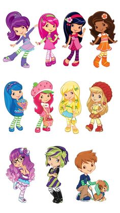 the cartoon characters are all different colors and sizes, including one girl with long hair