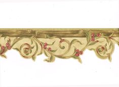 a drawing of a curtain with flowers and vines on the top, hanging from a wooden rod