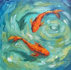 two orange koi fish swimming in a pond with blue sky and clouds behind them