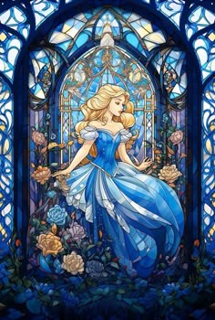 a stained glass window with a princess in it