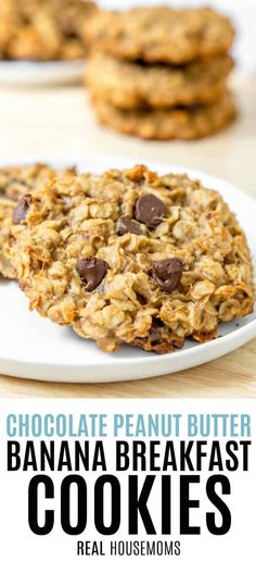 chocolate peanut butter banana breakfast cookies on a white plate with the title text overlay