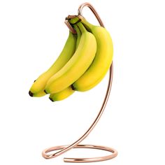 three bunches of bananas are hanging on a metal stand with two rings around them