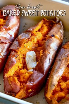 baked sweet potatoes in a baking dish with butter and seasoning on top, ready to be eaten