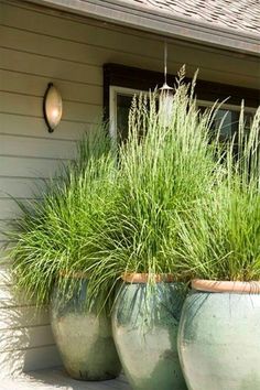 three large planters with grass in them on the side of a house's porch