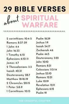 the 29 bible verses about spiritual warfare are shown in pink and blue