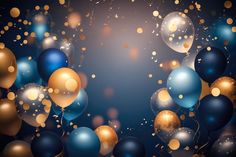 blue and gold balloons with confetti in the middle on a dark background illustration