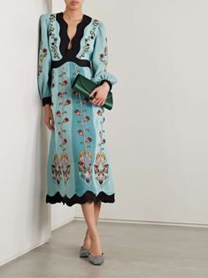 FARM RIO Open-back paneled embroidered linen midi dress Winter Work Wear, Billowy Sleeves, Linen Midi Dress, Embroidered Linen, Dress Home, Scalloped Edges, Farm Rio, Blue Midi Dress, Long Sleeve Midi Dress