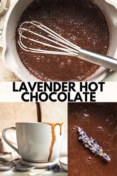 a collage of photos showing how to make lavender hot chocolate